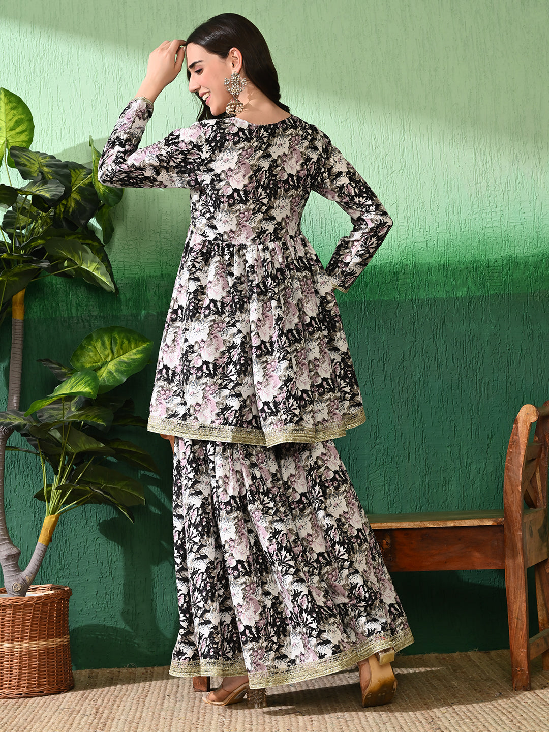 Floral Printed Empire V-Neck A-Line Kurta With Sharara