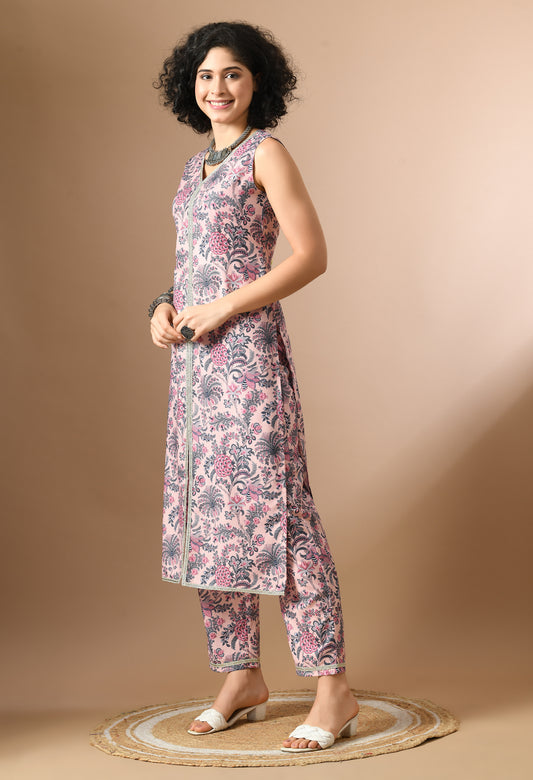 Floral Printed V-Neck Sleeveless Straight Kurta With Trouser