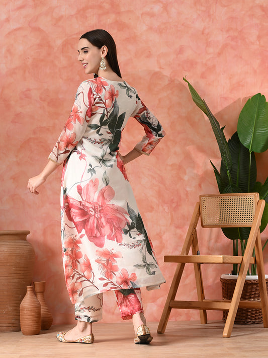 Elegant Floral Print Kota Check Kurta Set for Women | Festive Ethnic Wear