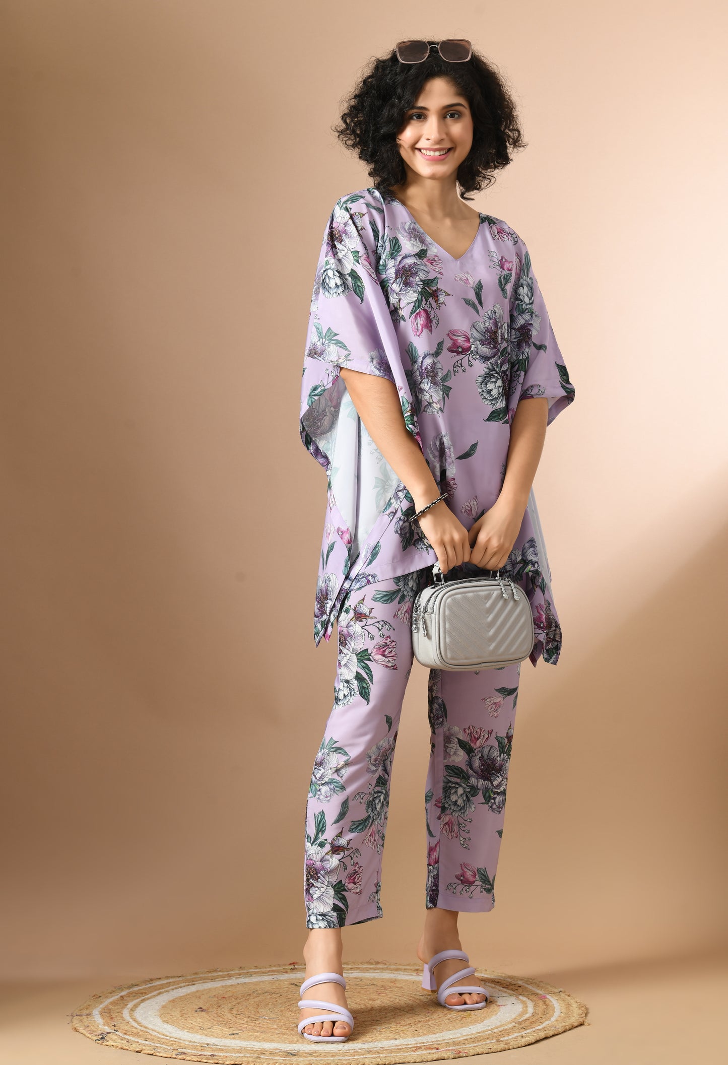 Purple and Green Floral Printed Kaftan Top With Trousers Co-Ords