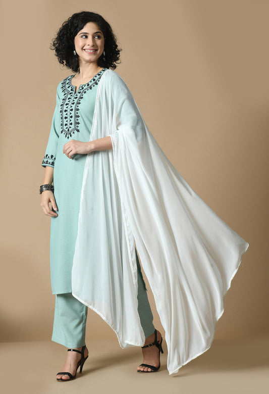 Floral Yoke Design Regular Thread Work Kurta & Trousers With Dupatta