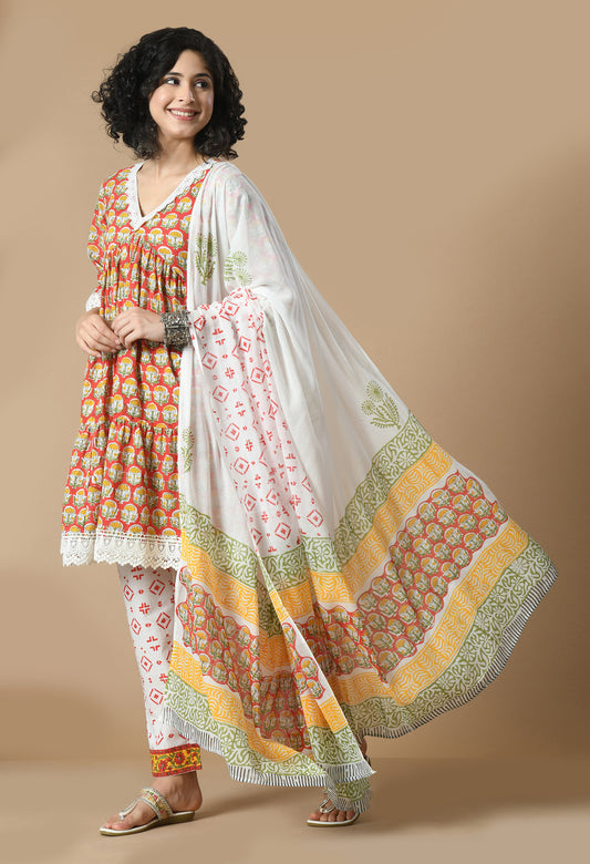 Floral Printed V-Neck Empire Pure Cotton Anarkali Kurta With Trousers & Dupatta