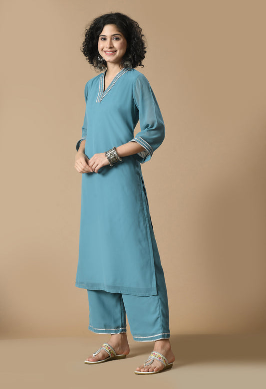 Blue V-Neck Georgette Straight Kurta With Palazzo