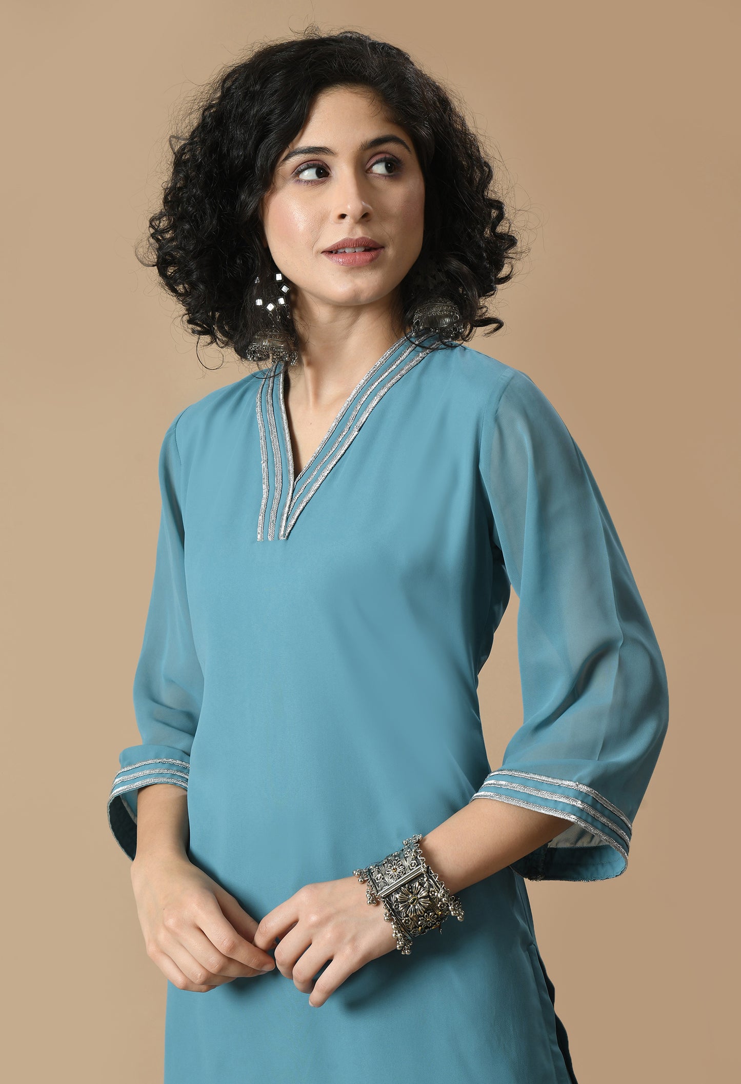 Blue V-Neck Georgette Straight Kurta With Palazzo
