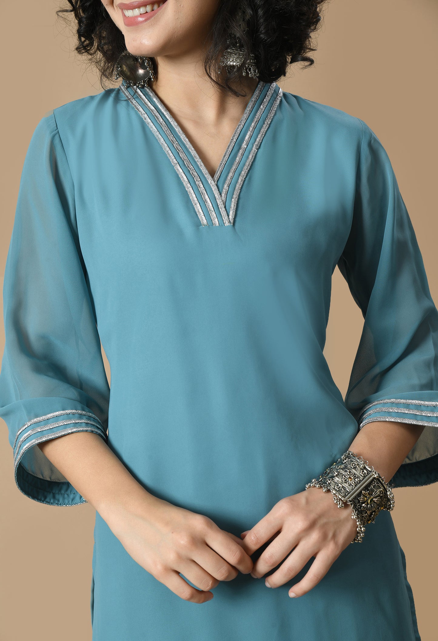 Blue V-Neck Georgette Straight Kurta With Palazzo