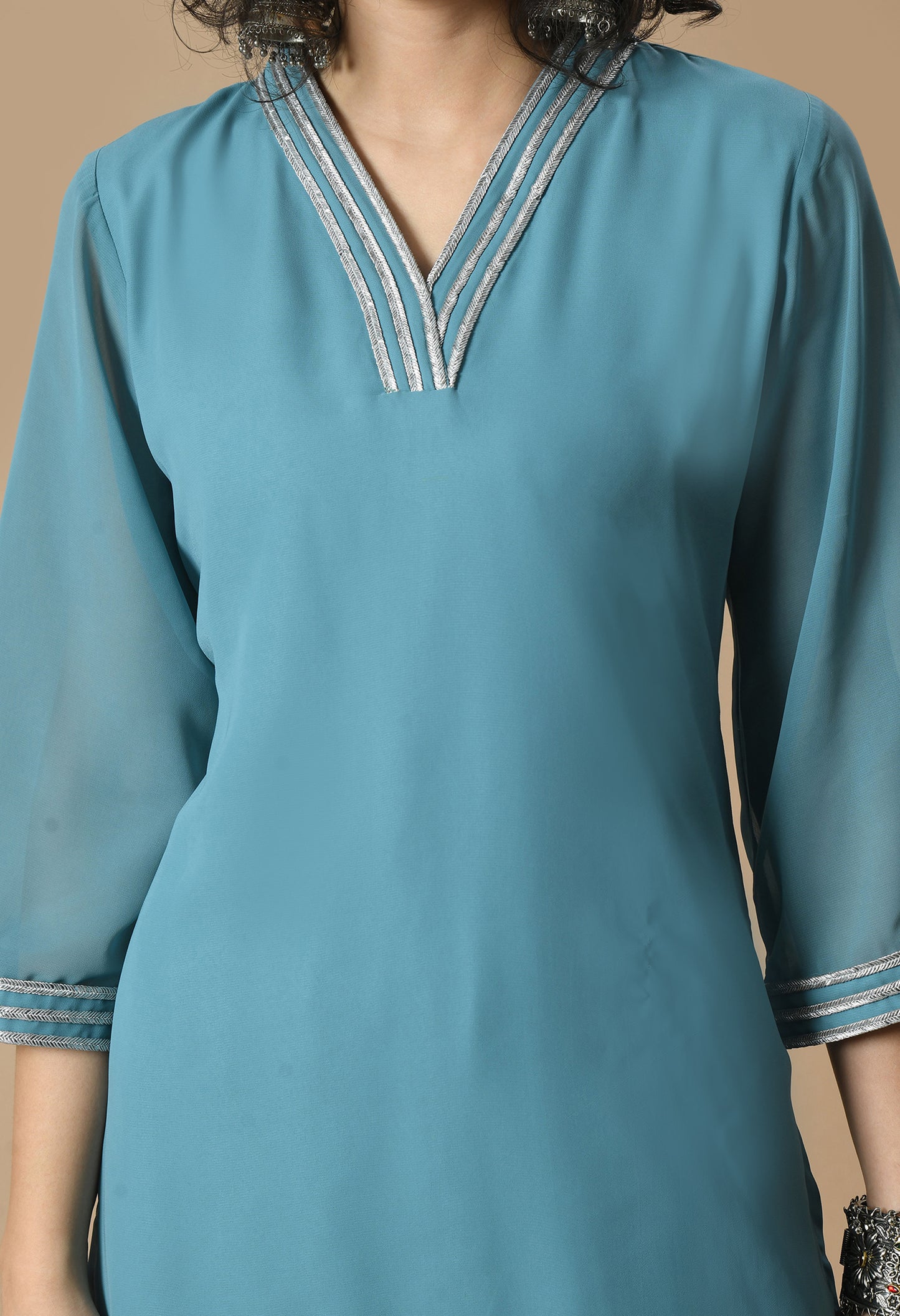 Blue V-Neck Georgette Straight Kurta With Palazzo