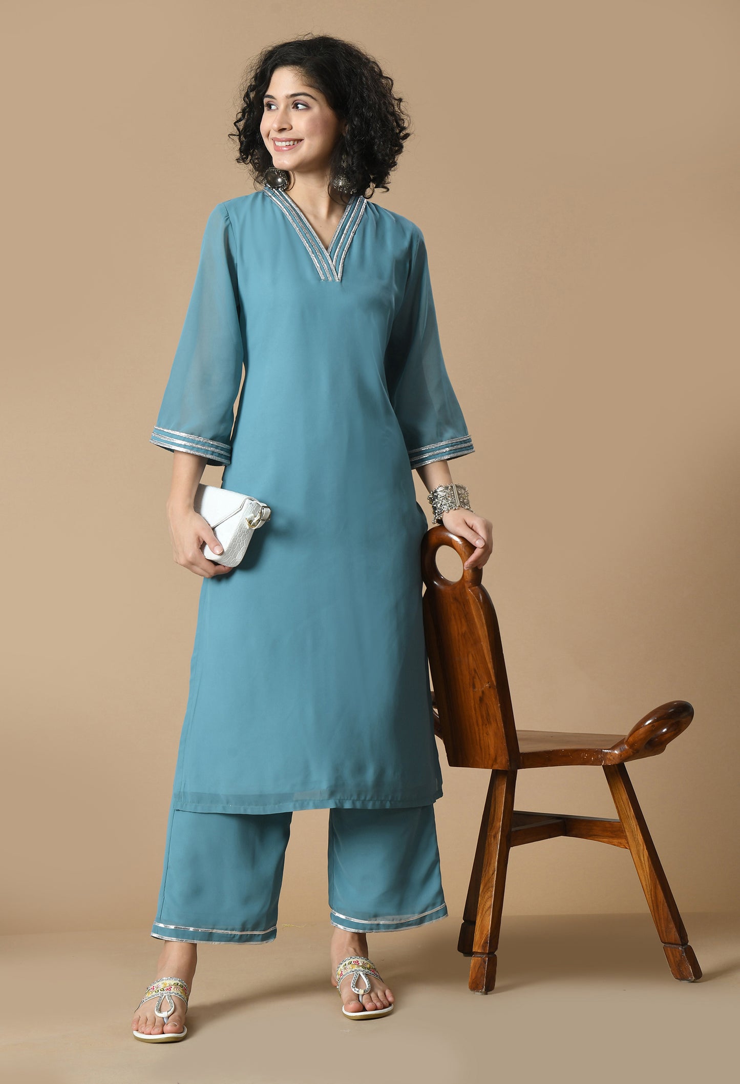 Blue V-Neck Georgette Straight Kurta With Palazzo