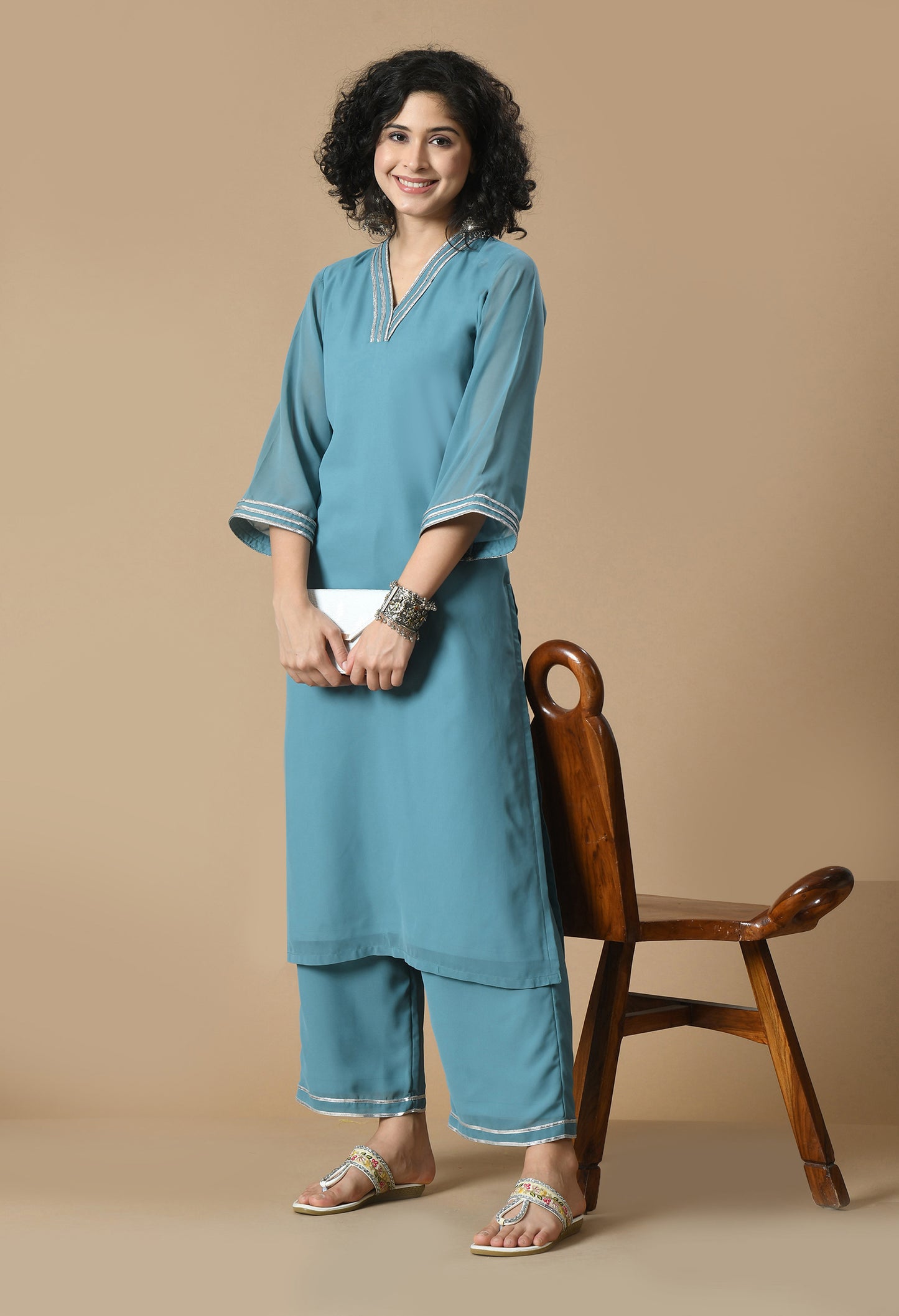 Blue V-Neck Georgette Straight Kurta With Palazzo