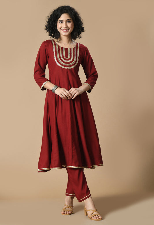 Maroon Round Neck Yoke Design Gotta Patti Zari Anarkali Kurta With Trousers