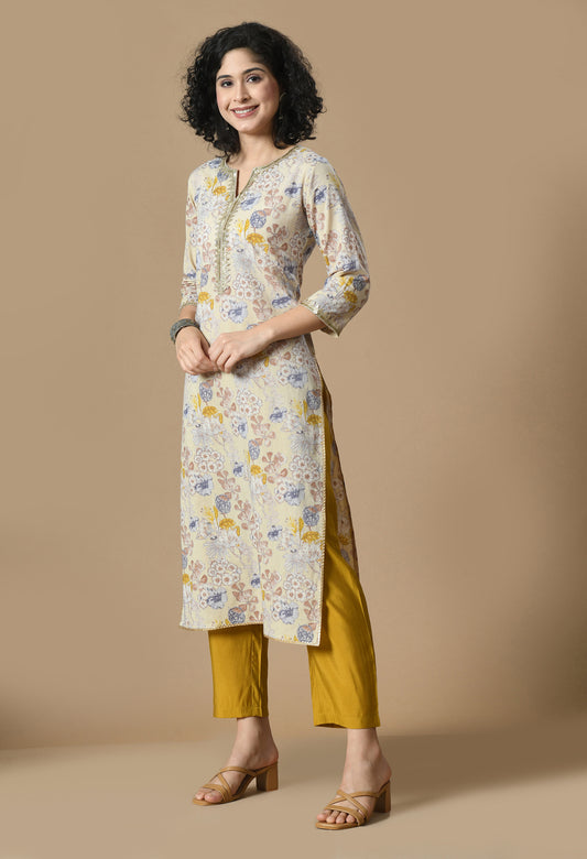 Beige Floral Printed Notch Neck Gotta Patti Straight Kurta With Palazzo