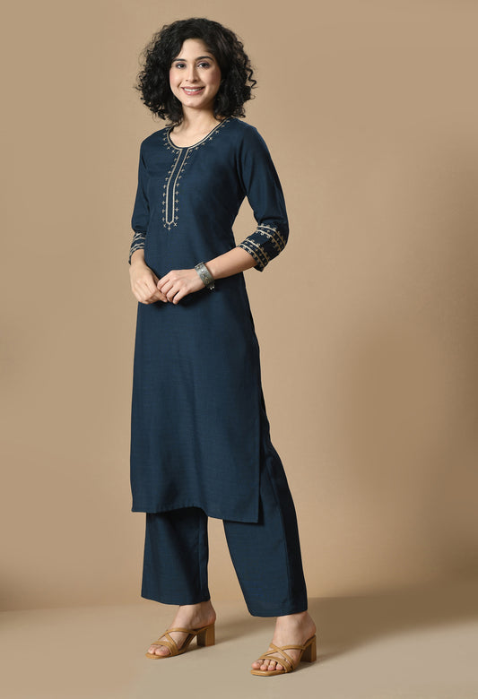 Navy Blue Geometric Embroidered Round Neck Straight Kurta With Palazzo