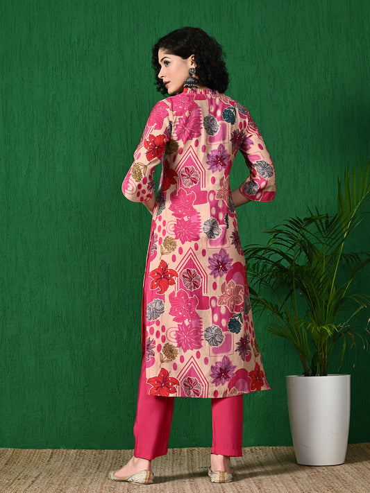 Pink Floral Printed Polu Rayon Kurta with Solid Pink Pants - Summer Collection