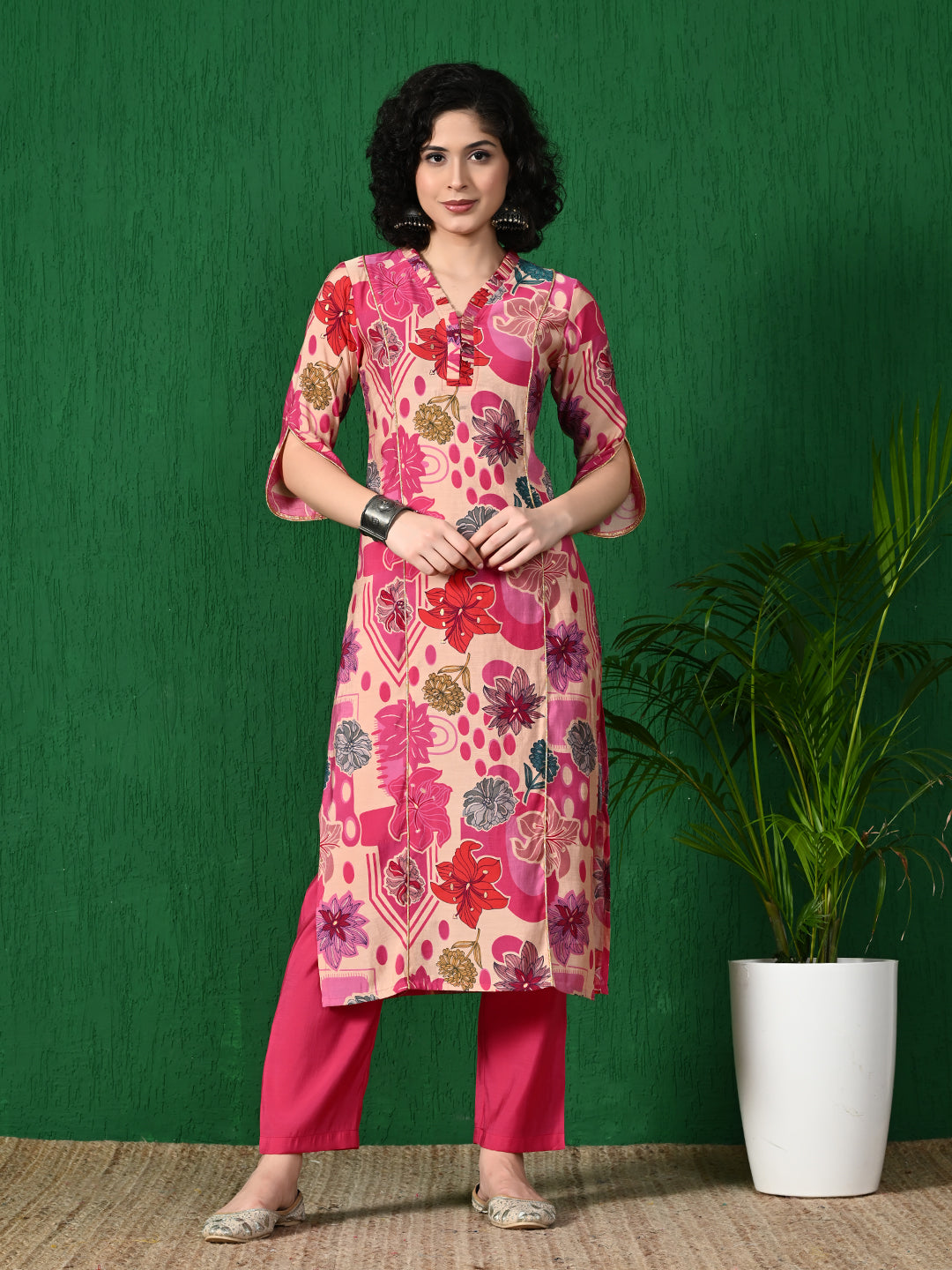Pink Floral Printed Polu Rayon Kurta with Solid Pink Pants - Summer Collection