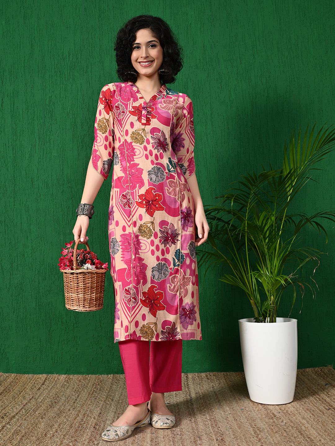 Pink Floral Printed Polu Rayon Kurta with Solid Pink Pants - Summer Collection