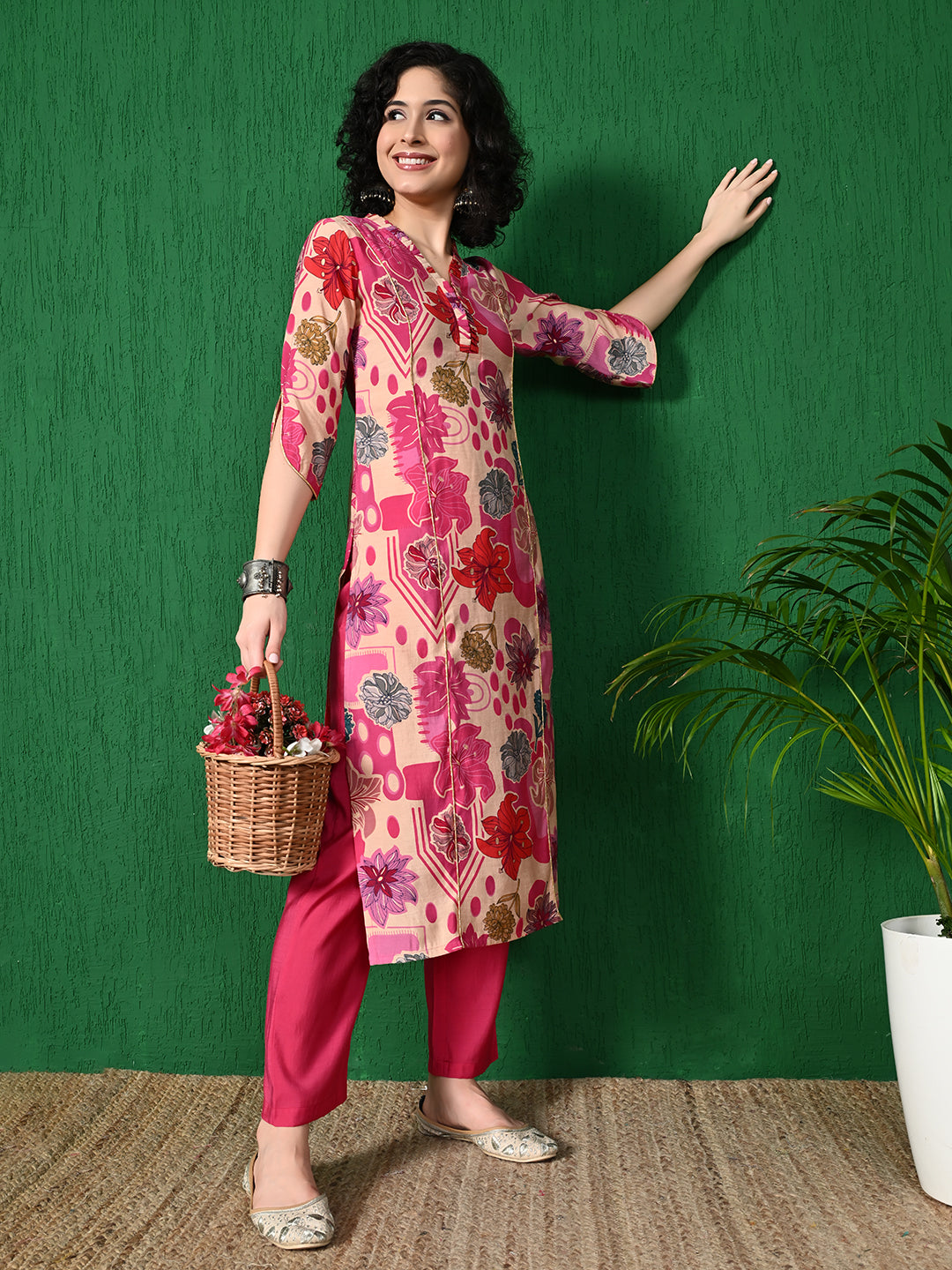 Pink Floral Printed Polu Rayon Kurta with Solid Pink Pants - Summer Collection