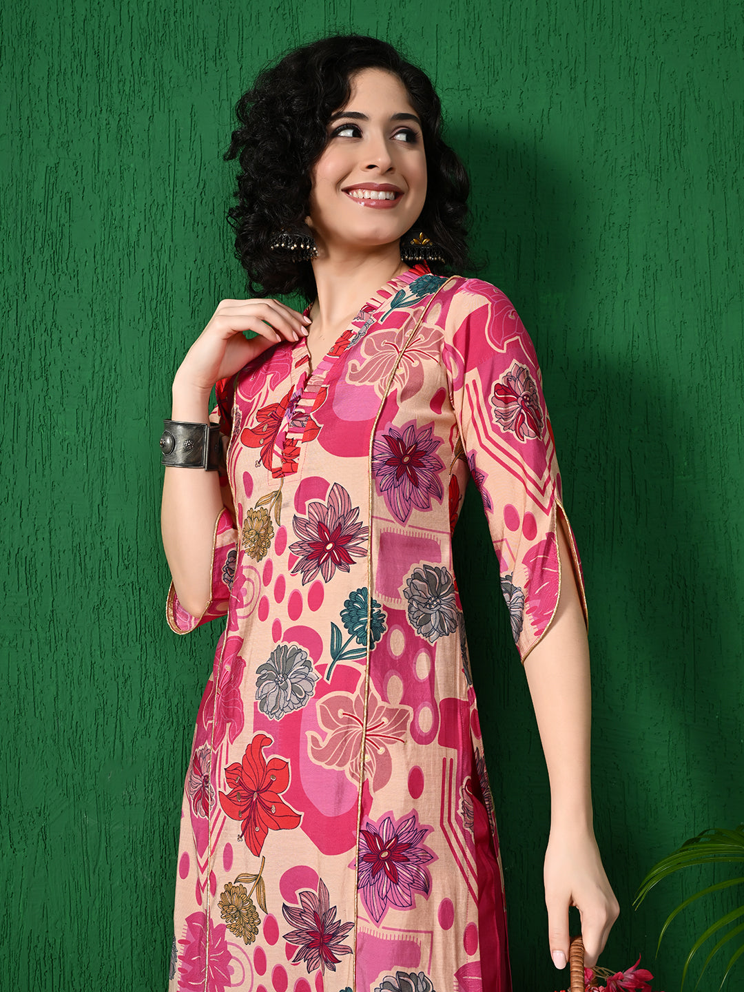 Pink Floral Printed Polu Rayon Kurta with Solid Pink Pants - Summer Collection