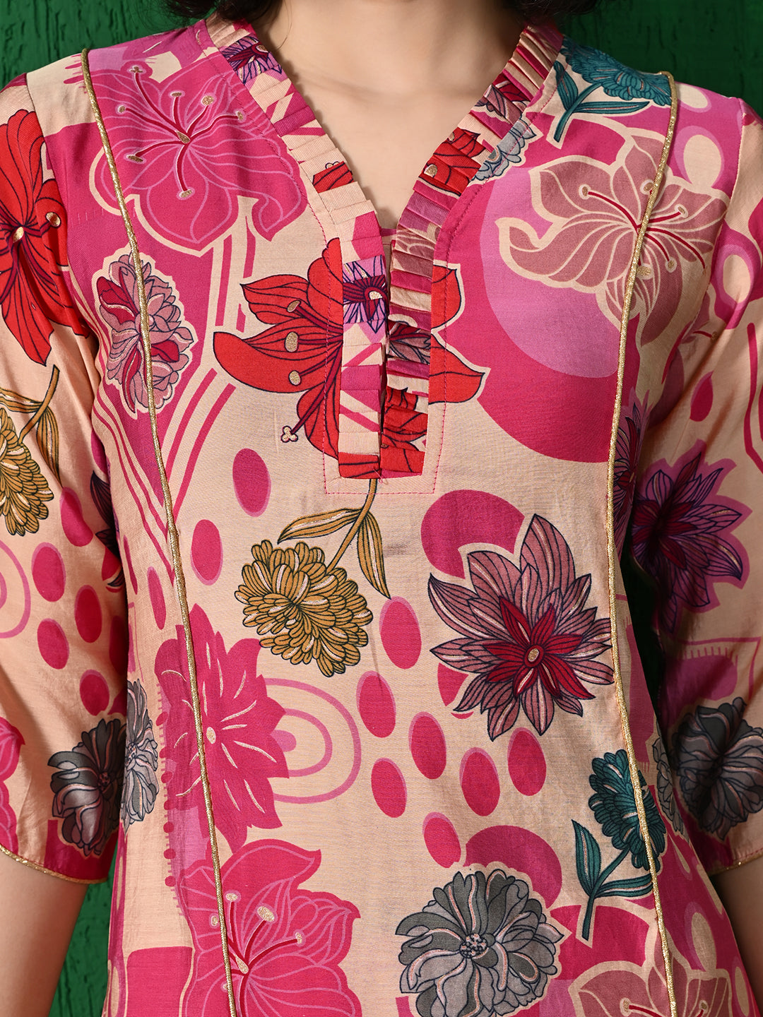 Pink Floral Printed Polu Rayon Kurta with Solid Pink Pants - Summer Collection