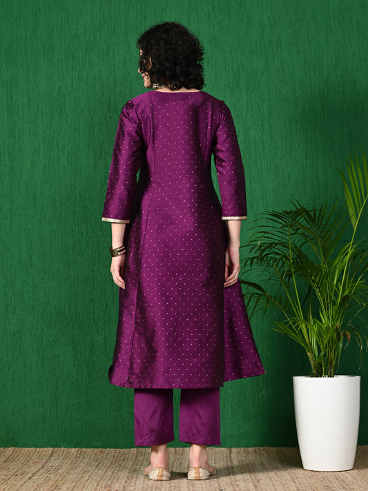 Radiant Purple Butta Taffeta Angrakha Kurta for Women