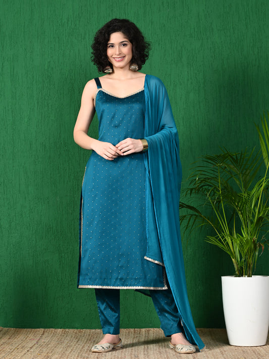 Mesmerizing Teal Blue: Women's Buta Dobby Blend Silk Kurta Set with Poly Chiffon Dupatta