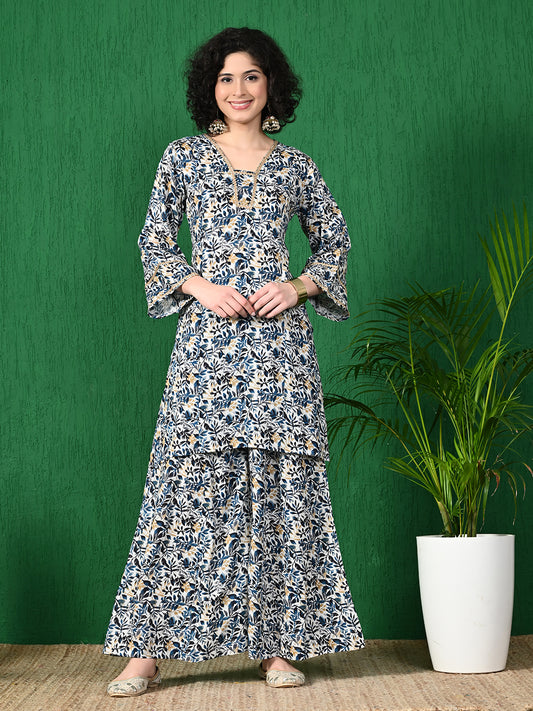 Women's Elegant White & Navy Floral Printed Viscose Rayon Peplum Kurta & Sharara Set