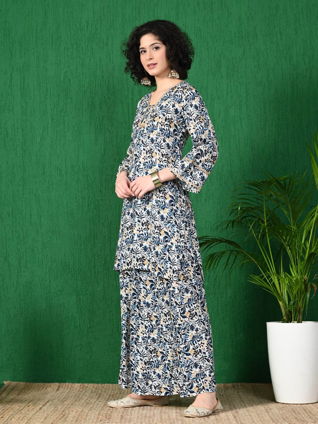 Women's Elegant White & Navy Floral Printed Viscose Rayon Peplum Kurta & Sharara Set
