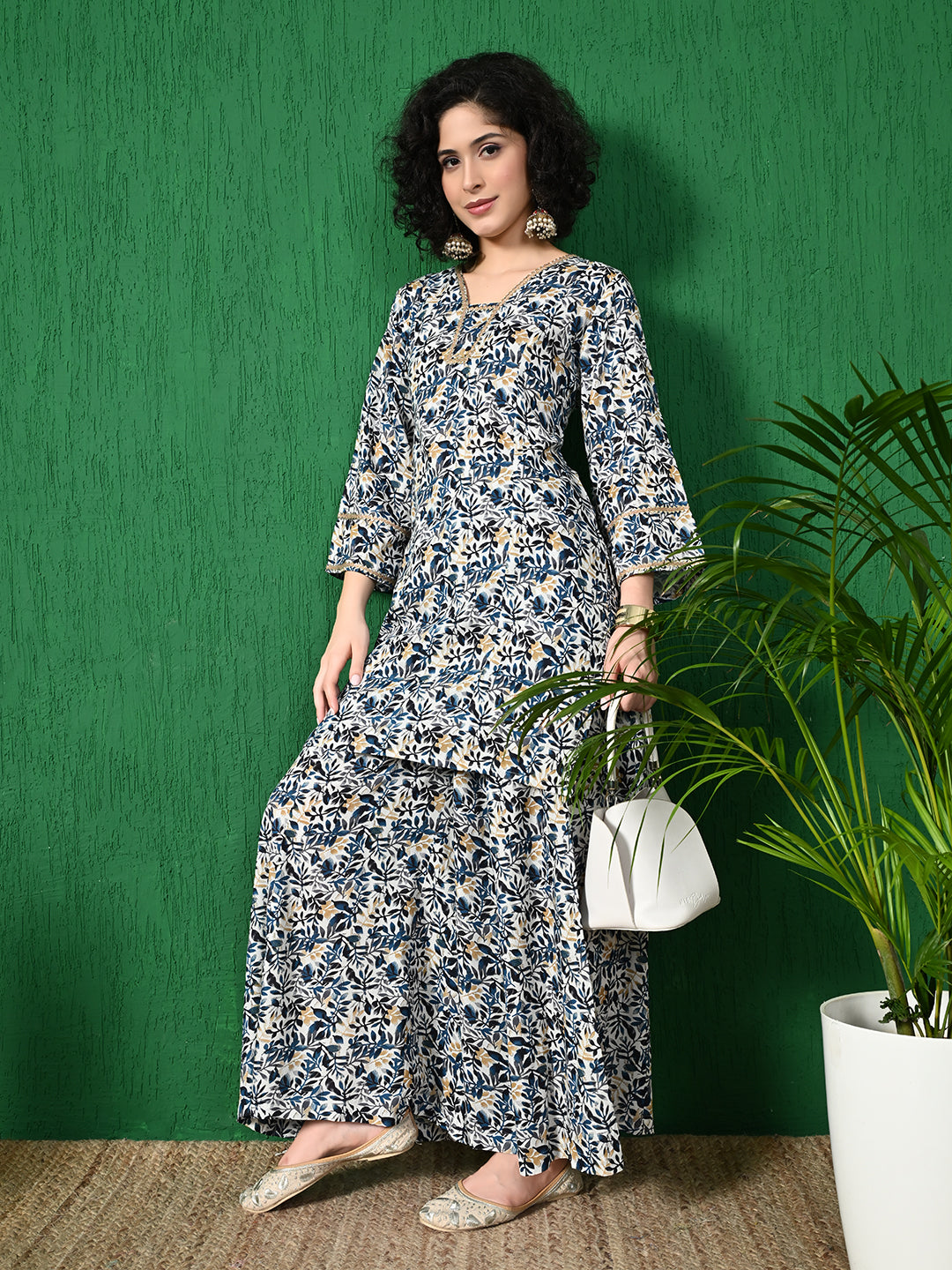 Women's Elegant White & Navy Floral Printed Viscose Rayon Peplum Kurta & Sharara Set