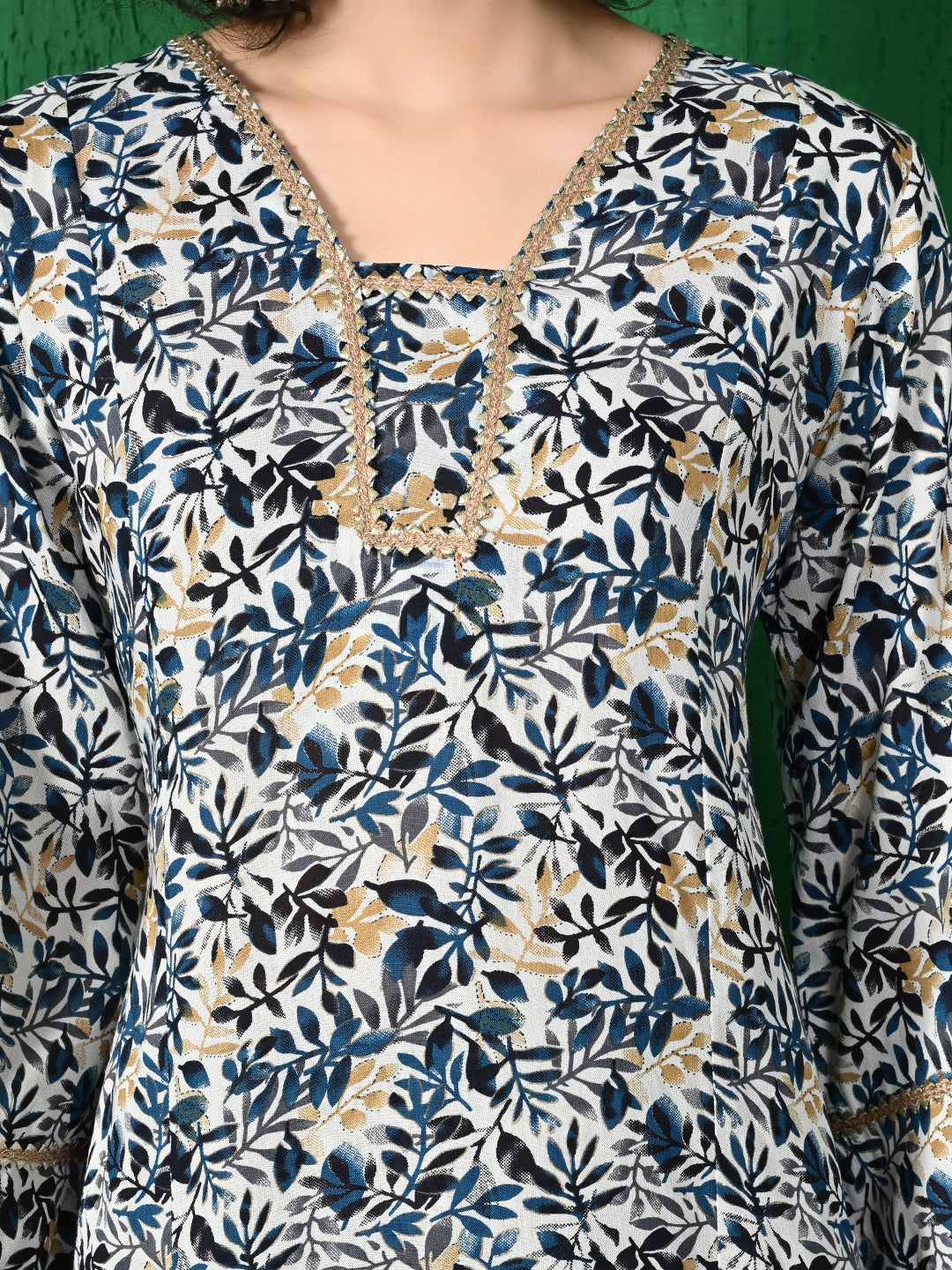 Women's Elegant White & Navy Floral Printed Viscose Rayon Peplum Kurta & Sharara Set