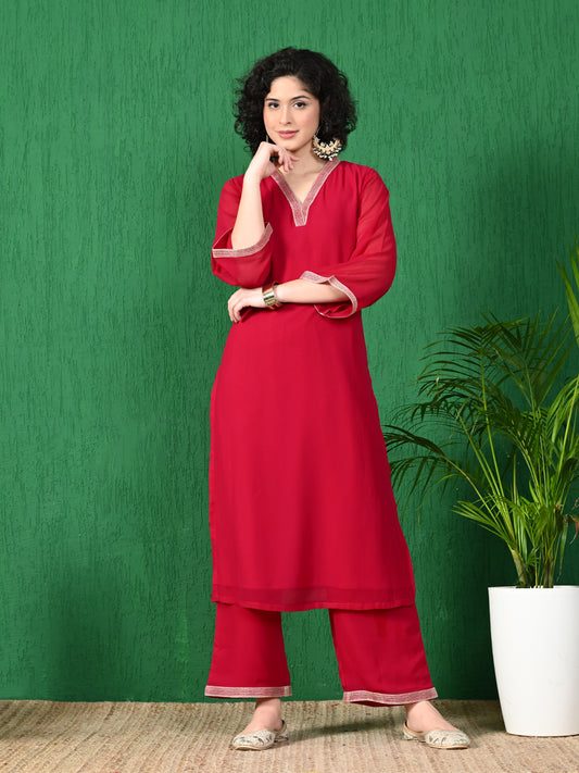 Women's Festive Red Georgette Kurta with Embroidered Neckline & Palazzo Set