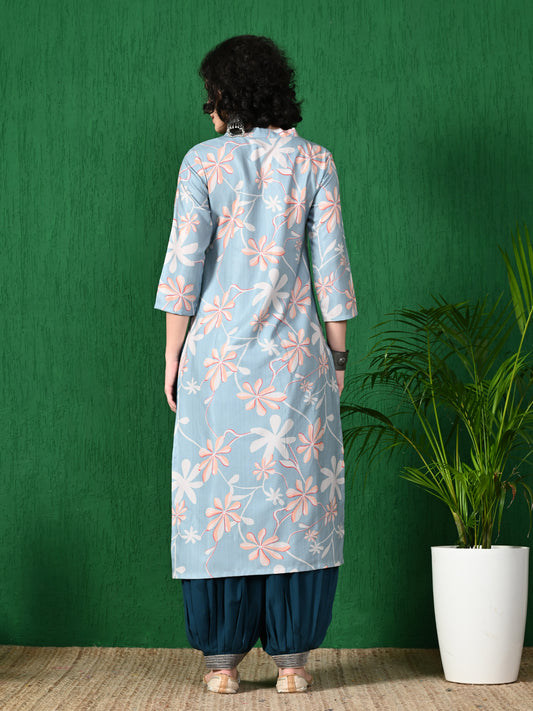 Women's Elegant Grey & Peach Floral Printed Poly Rayon Kurta with Navy Blue Patiala
