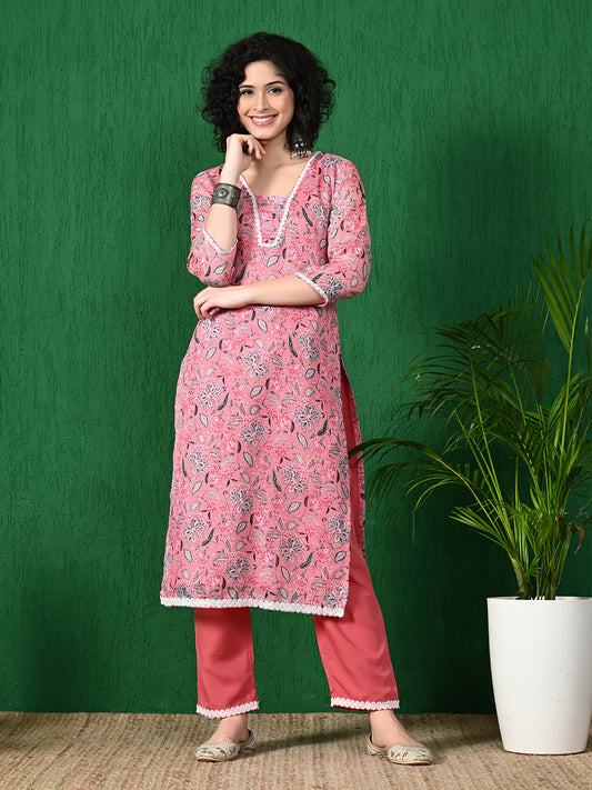 Women's Charming Pink Floral Printed Kota Check Kurta with Solid Pink Palazzo Set