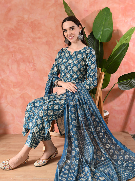 Printed A-Line Kurta With Trousers & Dupatta