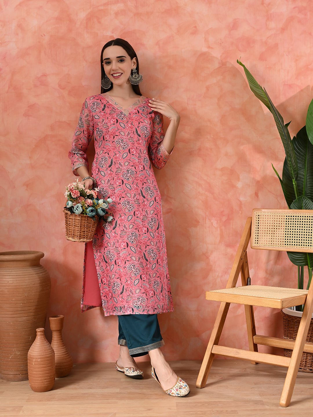 Floral Printed V Neck Straight Kurta With Palazzo