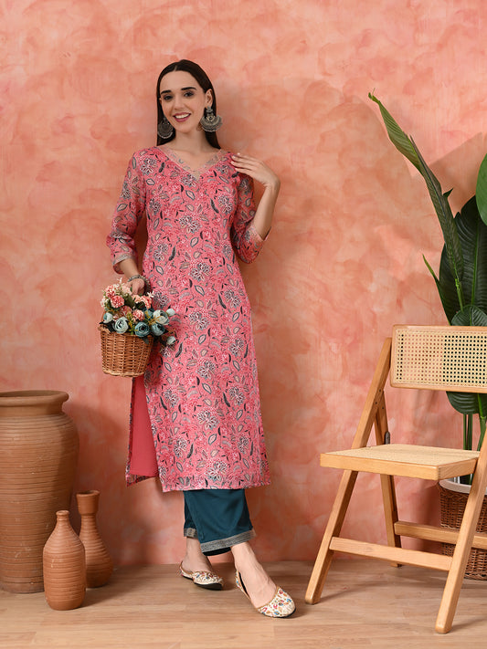 Floral Printed V Neck Straight Kurta With Palazzo