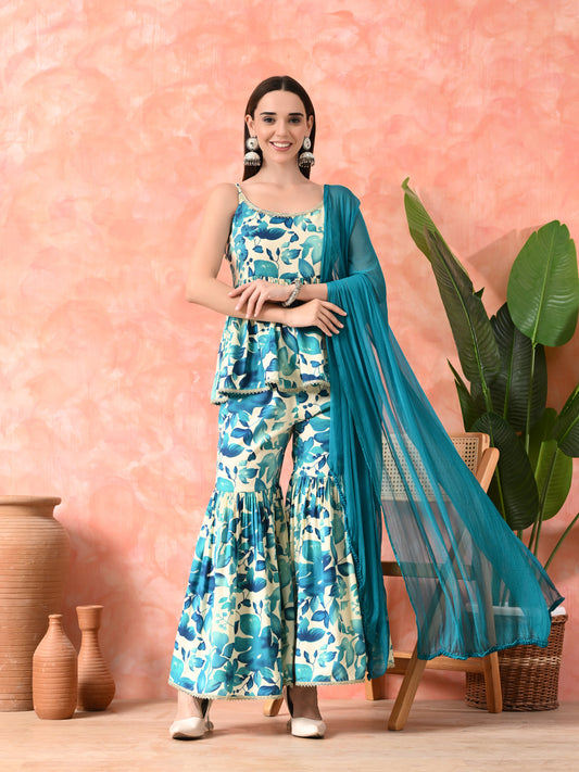 Floral Printed A-Line Kurti With Sharara & Dupatta