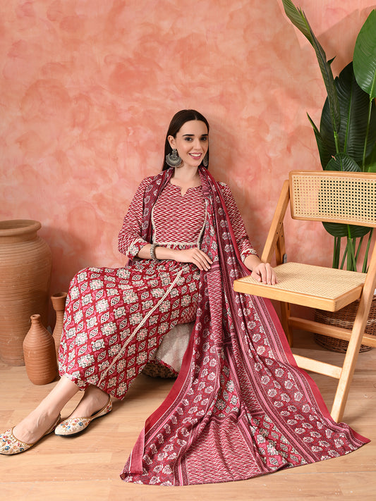 Printed A-Line Kurta With Trousers & Dupatta