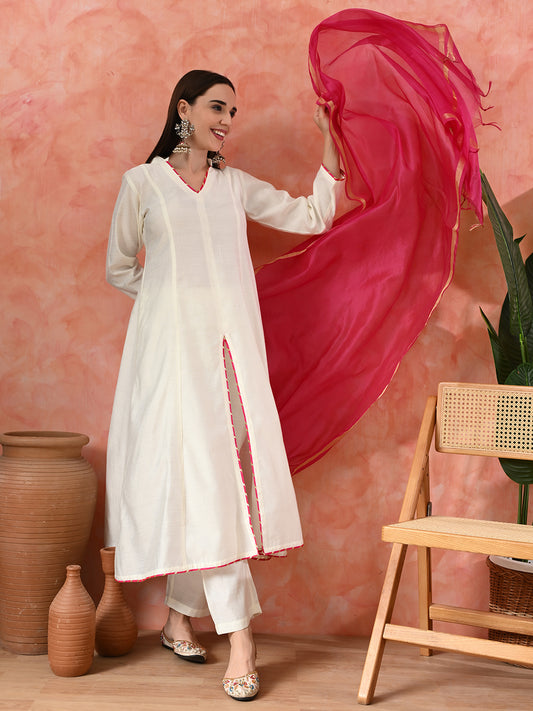 A-Line Kurta With Trousers & Dupatta
