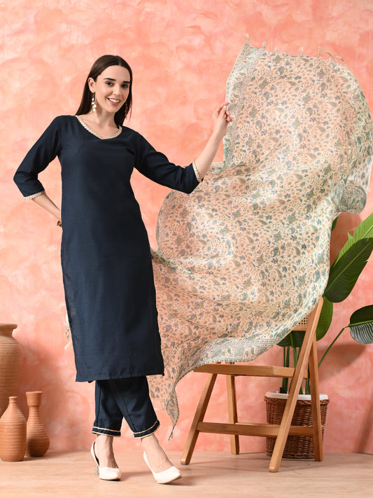 Printed Round Neck A-Line Kurta With Trousers & Dupatta