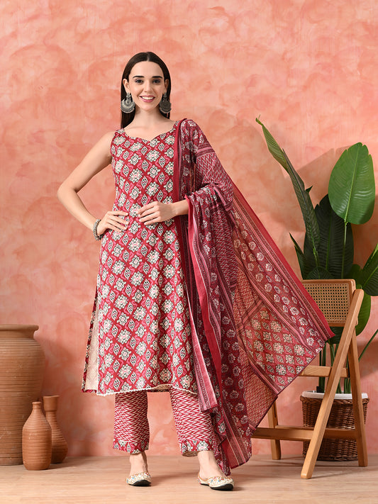 Printed A-Line Kurta With Trousers & Dupatta