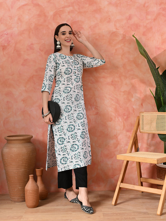 Women's Elegant White & Green Printed Viscose Rayon Kurta with Black Palazzo Set