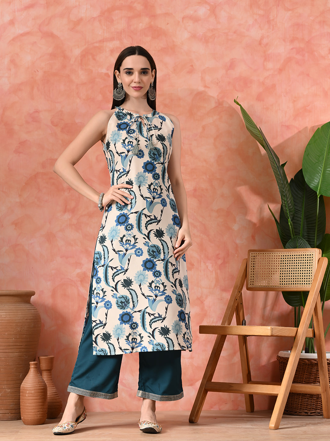 Printed A-Line Kurta With Trousers