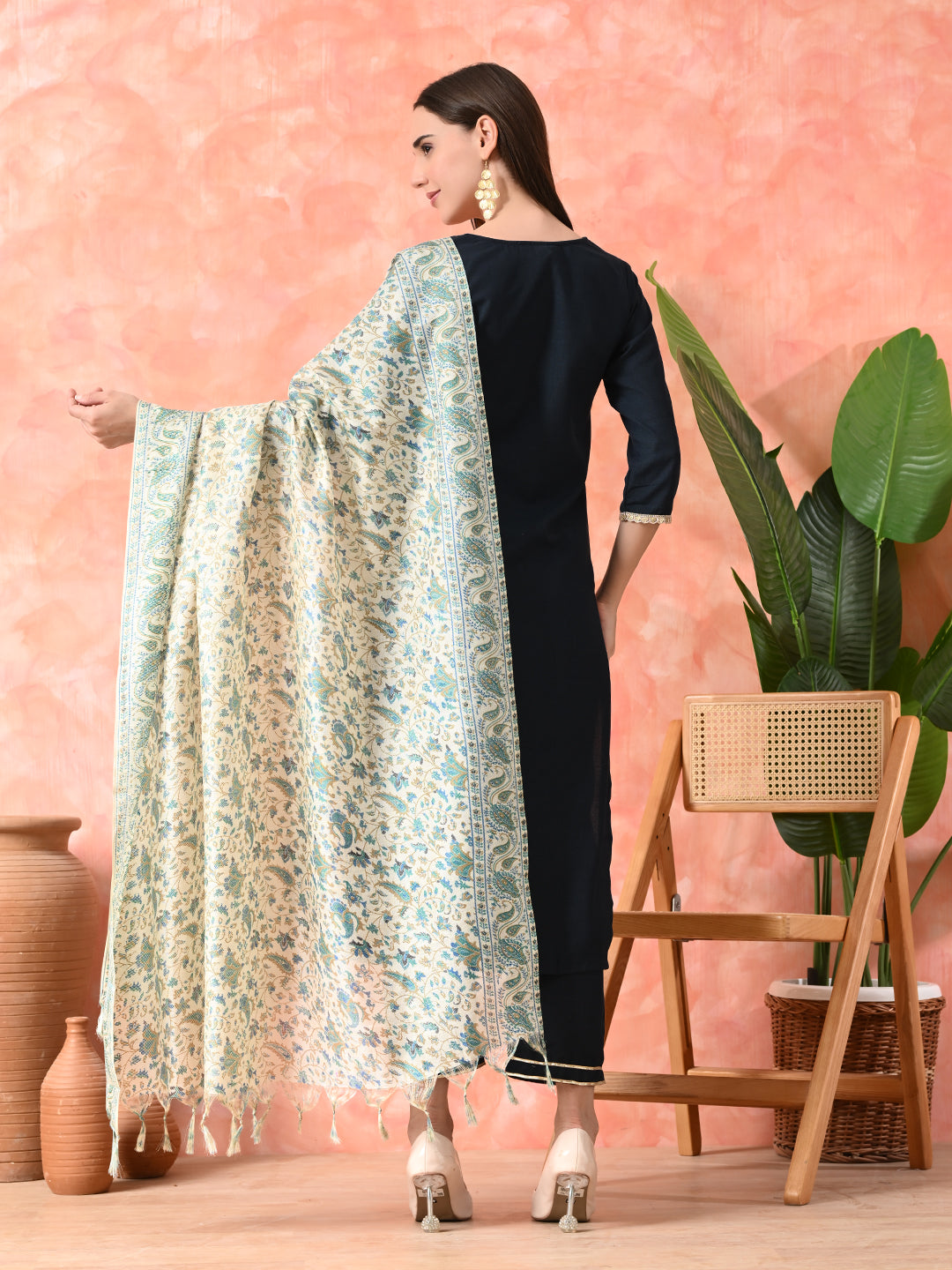 Printed Round Neck A-Line Kurta With Trousers & Dupatta