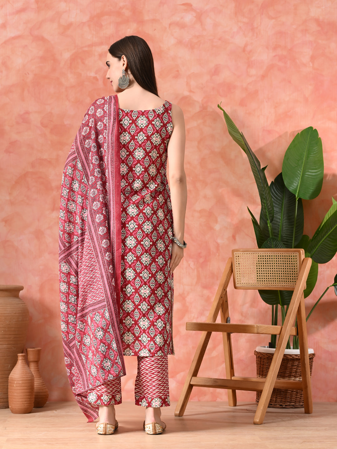 Printed A-Line Kurta With Trousers & Dupatta