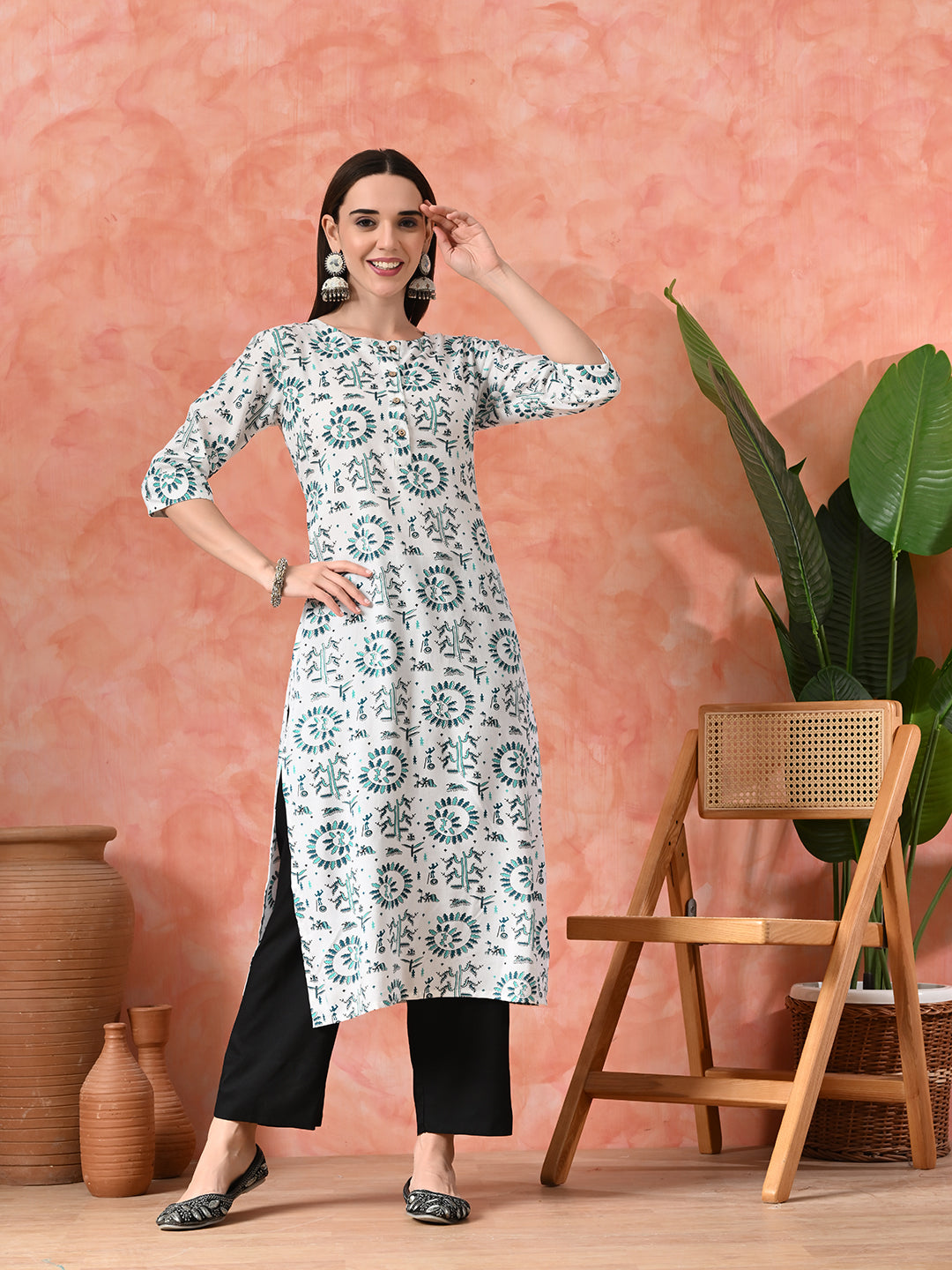 Women's Elegant White & Green Printed Viscose Rayon Kurta with Black Palazzo Set
