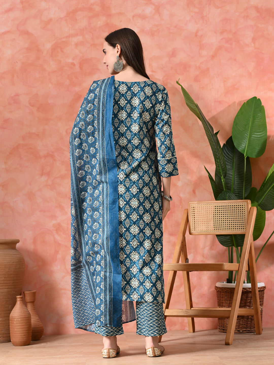 Printed A-Line Kurta With Trousers & Dupatta