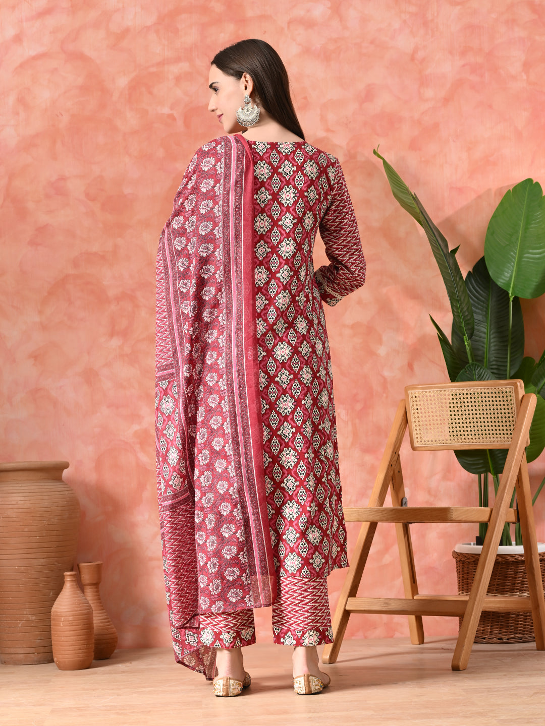 Printed A-Line Kurta With Trousers & Dupatta