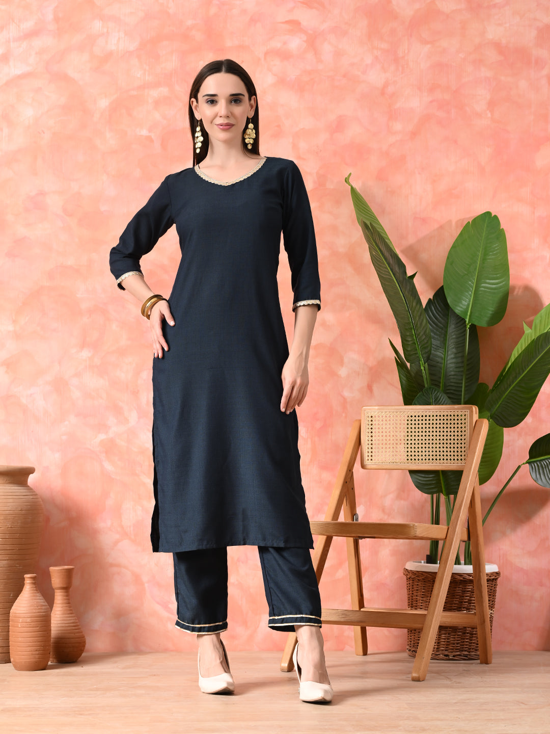 Printed Round Neck A-Line Kurta With Trousers & Dupatta