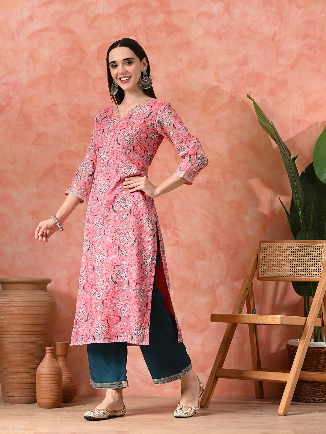 Floral Printed V Neck Straight Kurta With Palazzo