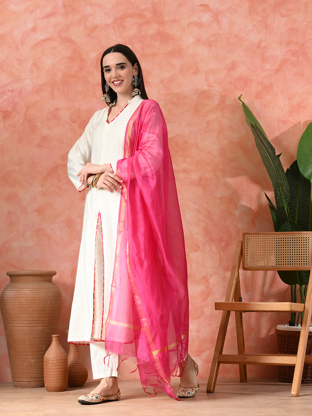 A-Line Kurta With Trousers & Dupatta