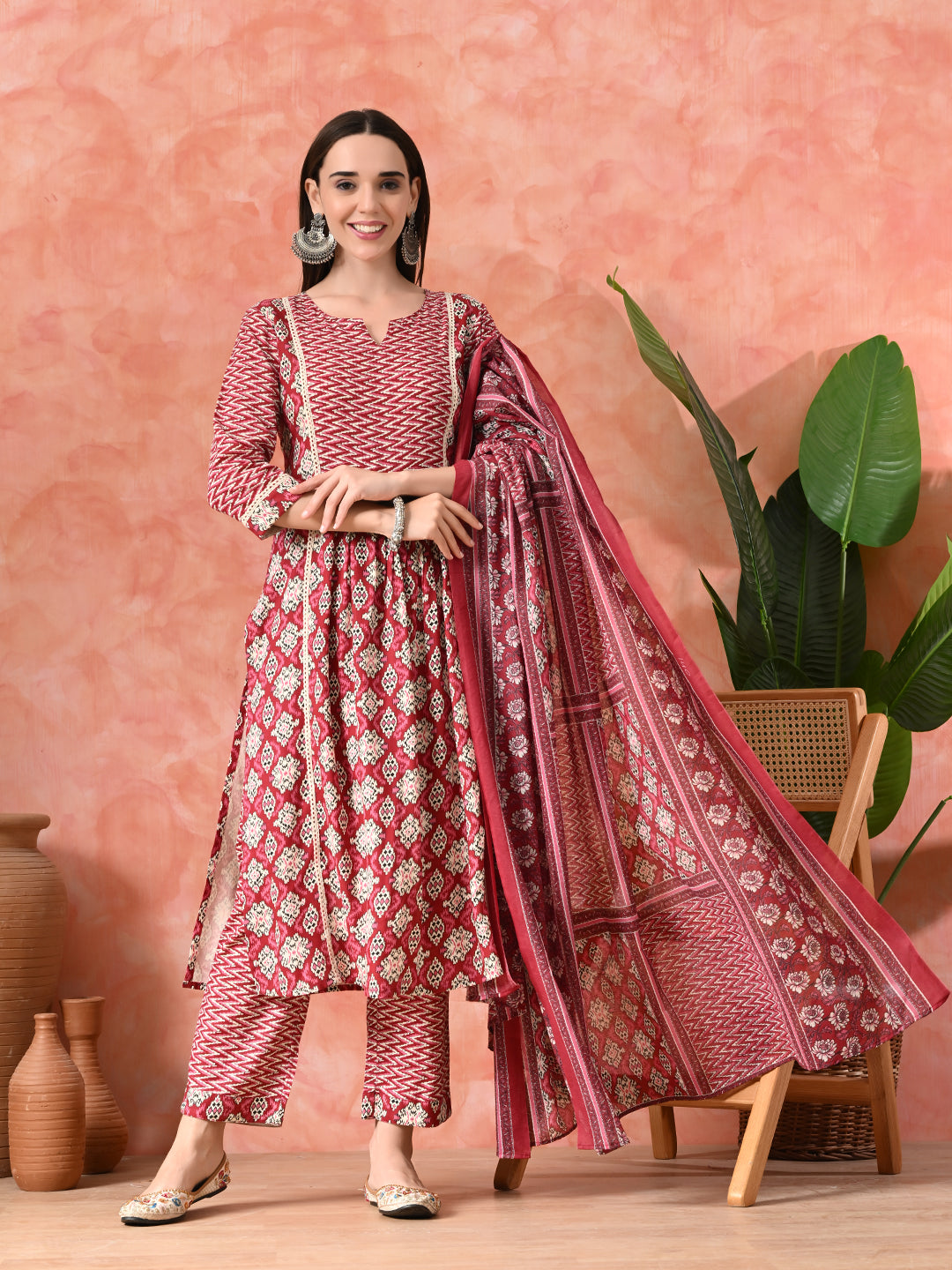 Printed A-Line Kurta With Trousers & Dupatta