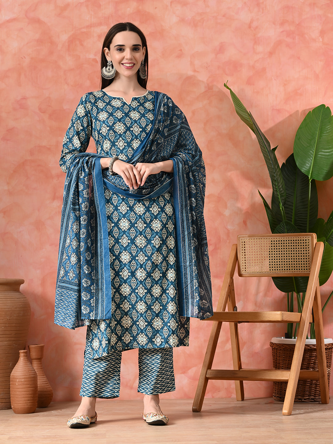 Printed A-Line Kurta With Trousers & Dupatta